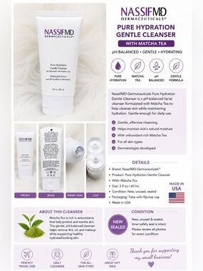 NassifMD Pure Hydration Gentle Cleanser Matcha Tea 2 oz 60 mL NEW SEALED